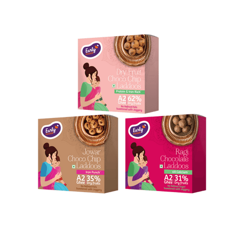 Pack of 3 - A2 Ghee Laddoos (Jowar Choco Chip, Ragi Choco, Dry fruits Choco Chip)